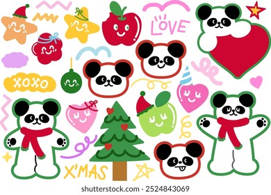 Cute illustration of happy panda with winter red scarf, Christmas tree, heart, apple, star for cartoon character, comic, mascot, festive decoration, animal, zoo, souvenir shop, pet costume, gift box