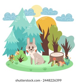 Cute illustration with a hare in flat style among a forest of trees and fir trees. Vector children's scene.