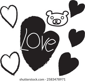 Cute illustration of hearts and a bear. Hand drawn. Black and white. Line drawing. Love, Valentine's Day. Vector illustration