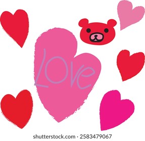 Cute illustration of hearts and a bear. Hand drawn. Red and pink. Love, Valentine's Day. Vector illustration