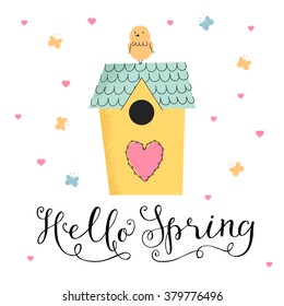Cute illustration Hello spring, birdhouse with bird. Hand drawn lettering. Card in retro style