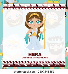 Cute illustration of Hera Goddess of marriage. Greek God and Goddess flashcard collection. Ancient Greece mythology. Greek deity theme elements. Vector file. 