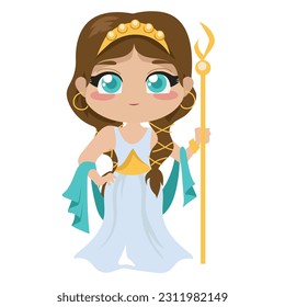 Cute illustration of Hera Goddess of marriage on a white background. Cute cartoon Greek gods isolated on white background for packing paper, fabric, postcard, clothing, printable game card. Vector. 