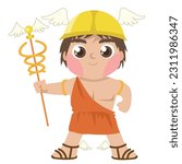 Cute illustration of Hermes god of travel and trade on a white background. Cute cartoon Greek gods isolated on white background for packing paper, fabric, postcard, clothing, printable game card. 
