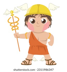 Cute illustration of Hermes god of travel and trade on a white background. Cute cartoon Greek gods isolated on white background for packing paper, fabric, postcard, clothing, printable game card. 