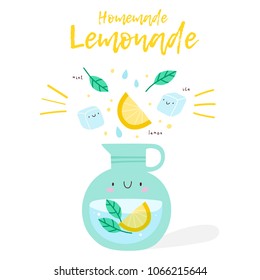 Cute illustration Homemade Lemonade. Vector beverage illustration with lemon slices, ice cubes and mint leaves. Food and drink background.