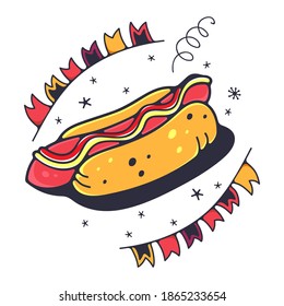 Cute illustration with hot dog. Isolated on a white background. Vector doodle illustrations.