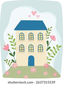 Cute illustration of a house with leaves and flowers. Cozy composition of home with plants