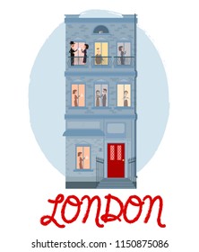 Cute illustration of house in London and characters. 5 o'clock in London, Tea time card. Editable vector illustration