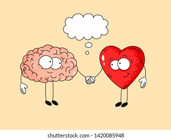 Cute illustration of human brain and heart. Concept of friendship between brain and heart. 