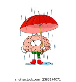 Cute illustration of human brain whith ambrella under the autumn rain. Beautiful character for concept of human emotions.	