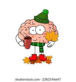 Ilustración de cerebro humano con taza de bebida caliente y cuarto de otoño. Hermoso personaje para el concepto de emociones humanas.	