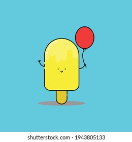 Cute Illustration of ice cream holds balloon. modern simple food 
vector icon, flat graphic symbol in trendy flat design style, children wallpaper cartoon set.