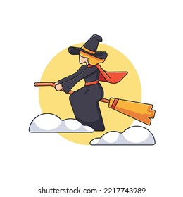 cute Illustration Icon of The Flying witch with her flying broom, flat design illustration of halloween theme