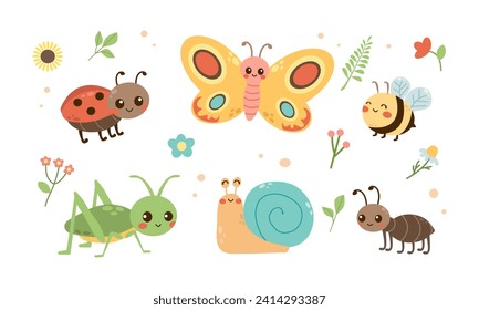  Cute illustration insects set. Butterfly, ant, ladybug, bee, snail, grasshopper and plant elements ,flower and branch. Vector illustration isolated on white background for your design