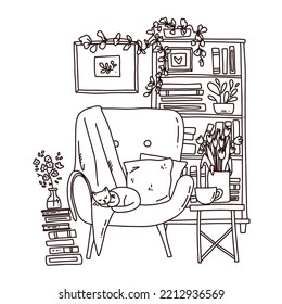 süße Illustration der Innenecke mit Büchern und Sesseln. Vektorgrafik.