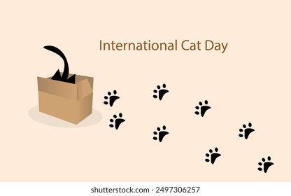 cute illustration of international cat day cat in cardboard box and lettering