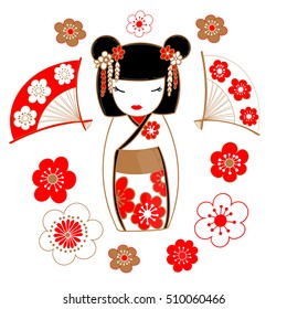 Cute illustration of a Japanese doll kokeshi - a talisman, bringing luck and prosperity. Vector illustration.