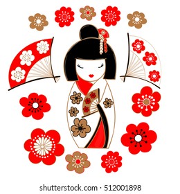 Cuta ilustración de un muñeco japonés - kokeshi, vestido con un kimono blanco, flores sakura y fans.