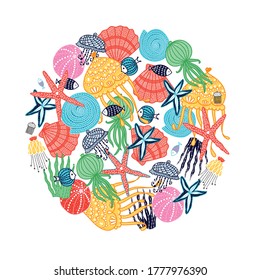 Cute illustration with jellyfish, shells, fish, starfish and algae.