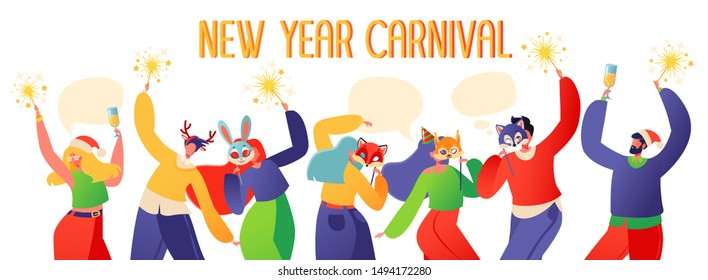 Cute illustration with joyful flat characters in animal masks. New Year сarnival сoncept. Party card or invitation poster. People characters dancing with sparklers and champagne, celebrating New Year.