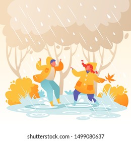 Cute illustration with joyful, flat, kids characters. Children jumping in puddles, rubber boots and yellow raincoats. On background of autumn trees in park. From the sky dripping rain. Leisure outdoor