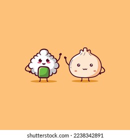 Cute Illustration of Kawaii onigiri and dimsum mascot cartoon