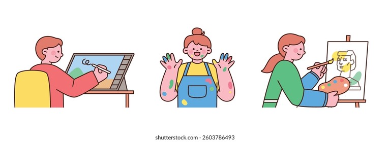 Cute illustration of kids enjoying art activities: digital drawing, finger painting, and painting on canvas.