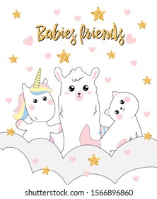 Cute illustration with kids friends. Pictured llama, cat and unicorn.Kawaii style