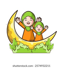 cute illustration of kids girl and ramadan moon