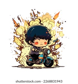 cute illustration of a Kids riding a motorbike with a burning fire