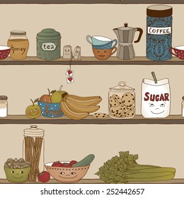 Cute illustration of a kitchen shelf with different food items (seamless pattern)