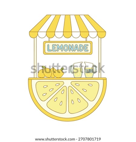A cute illustration of a lemonade stand shaped like a lemon slice, featuring fresh lemons and refreshing drinks.