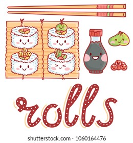 Cute illustration with lettering Rolls text and roll characters, soy sauce, chopsticks, wasabi and roe on mat. Hand drawn art in cartoon, doodle style