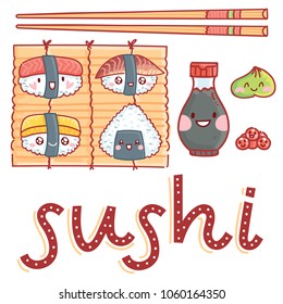 Cute illustration with lettering Sushi text and sushi characters, soy sauce, chopsticks, wasabi and roe on mat. Hand drawn art in cartoon, doodle style