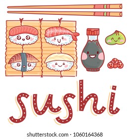 Cute illustration with lettering Sushi text and sushi characters, soy sauce, chopsticks, wasabi and roe on mat. Hand drawn art in cartoon, doodle style