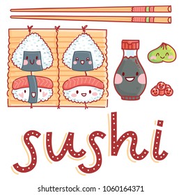 Cute illustration with lettering Sushi text and sushi characters, soy sauce, chopsticks, wasabi and roe on mat. Hand drawn art in cartoon, doodle style