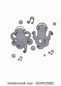 Cute illustration of lilac octopuses in headphones.