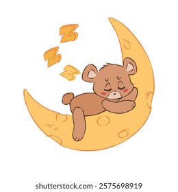 Cute illustration of little bear. Children's illustration. Sleepy bear sleeping on the moon. Vector. Crescent.