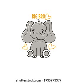 Cute illustration with little elephant, hearts, and the phrase big bro, vector print for kids t-shirt and wear, baby room, greeting card. Hand drawn nursery. The illustration has transparent areas.