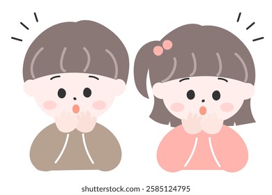 A cute illustration of a little girl and boy looking surprised with their hands over their mouths