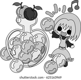 A cute illustration of a little girl and the candies of the apple 