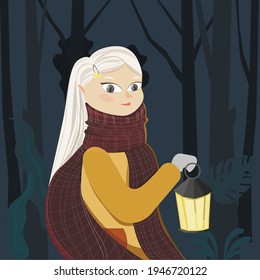 Cute illustration of a little girl in a dark forest with a flashlight. Autumn yellow coat and long red scarf. Beautiful hair of a child with big eyes.
