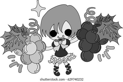 A cute illustration of a little girl and  grapes and muscat