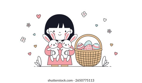 Cute illustration of a little girl holding two fluffy bunnies next to an easter basket filled with colorful eggs and surrounded by small flowers and hearts