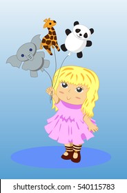 Cute illustration - little girl holding balloons -  panda, giraffe and elephant