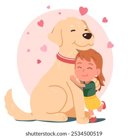 Cute illustration of a little girl hugging a large dog with hearts, symbolizing love, friendship, and companionship. Perfect for pet lovers, family moments, animal care themes. Pet vector illustration