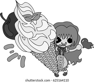 A cute illustration of a little girl and the ice cream of the apple 
