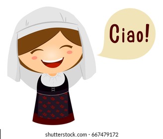 Cute Illustration of a Little Girl in an Italian Costume Saying Hello in Her Language