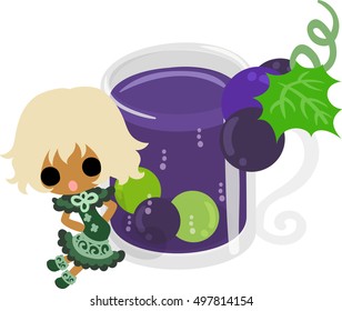 A cute illustration of a little girl and the juice of the grapes